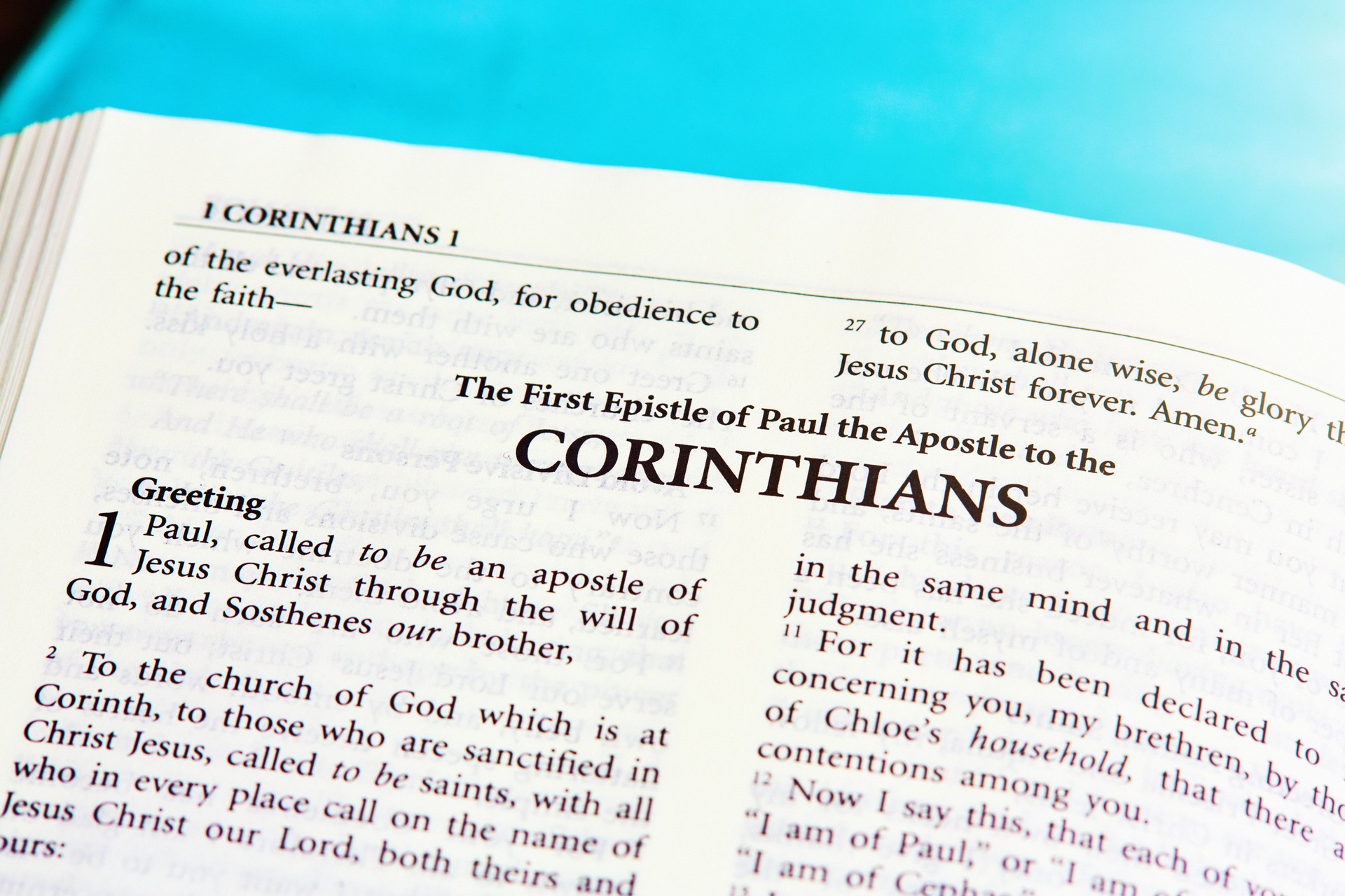 Bible open to the First Epistle of Paul to the Corinthians